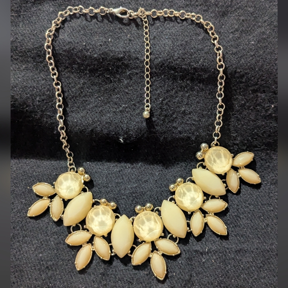 Gold Tone Pastel Yellow Cream Rhinestone Statement Necklace